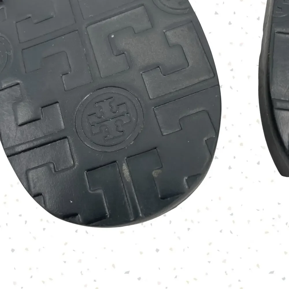 Tory Burch Thora Stingray Black Leather Thong Sandals Smoke Silver Foil Size 10